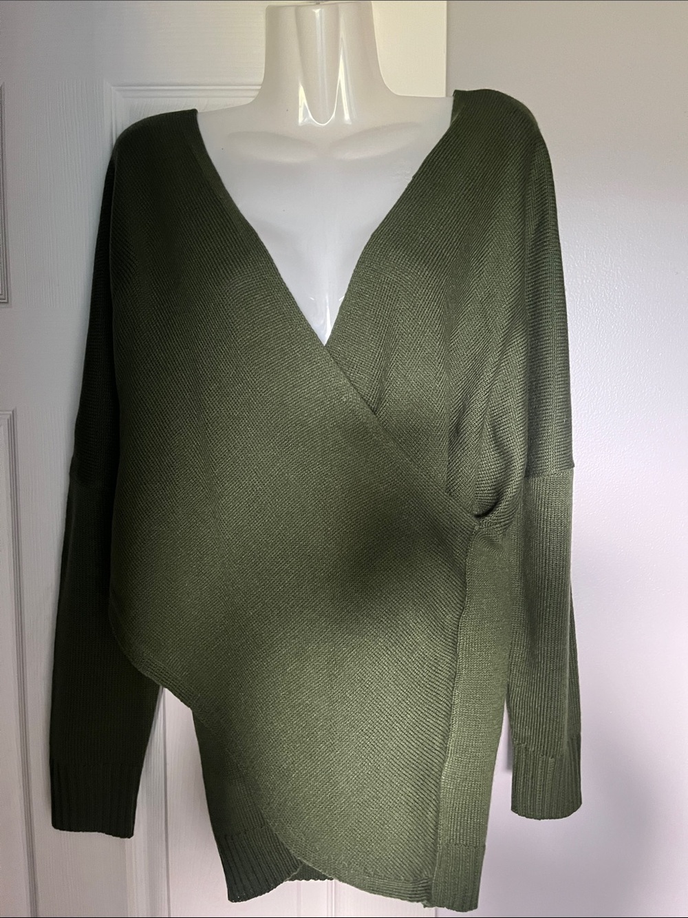 Olive Green Asymmetric Wrap Sweater - Women